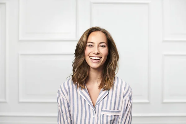 Beautiful Brunette Smiling Pajamas — Stock Photo, Image