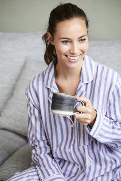 Happy Girl Pajamas Morning Coffee Smiling — Stock Photo, Image