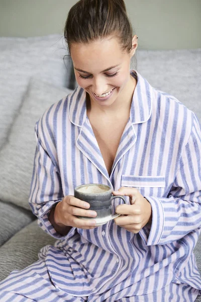 Morning Brunette Pajamas Coffee — Stock Photo, Image