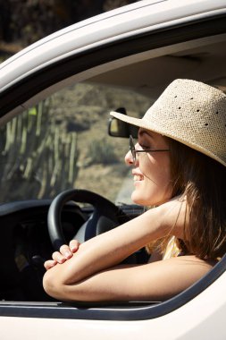 Yol gezisi arabada güneş şapkası giyen mutlu esmer