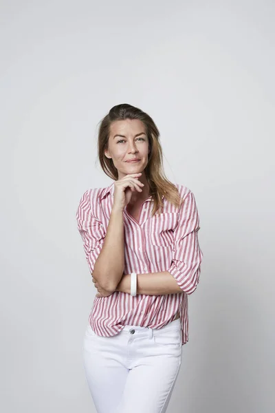 Thoughtful Woman Striped Shirt Portrait — Stock Photo, Image