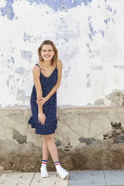 Smiling Pretty Blond Blue Dress Portrait — Stock Photo, Image