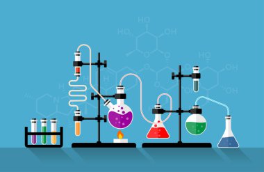 Kimya Laboratuvarı ve bilim ekipman. Kimyasal deney. Cam şişeler ile eriyik araştırma laboratuvarında. Web reklam ve promosyon malzemesi için kavramlar. Düz stil çizimde.