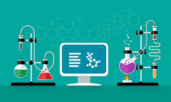 Chemistry Lab Science Equipment Chemical Experiment Glass Flasks Solution Research — Stock Vector