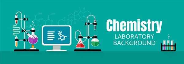 Chemistry Lab Science Equipment Chemical Experiment Computer Glass Flasks Solution — Stock Vector