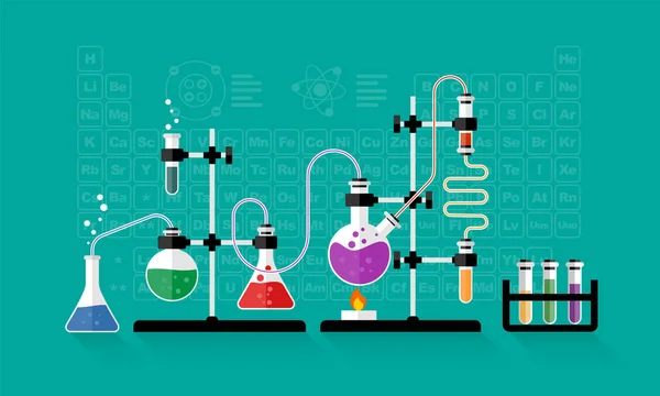 Chemische Experiment Glazen Flessen Met Oplossing Onderzoekslaboratorium Periodic Table Hebben — Stockvector