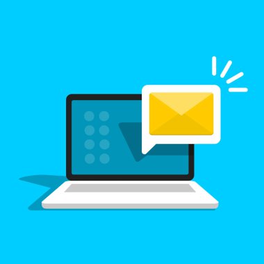 E-posta uyarısı laptop. Mesaj bilgisayar ekranında. Bildirim vektör kavramı. Düz stil vektör çizim.