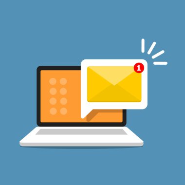 E-posta uyarısı laptop. Mesaj bilgisayar ekranında. Bildirim vektör kavramı. Düz stil vektör çizim.