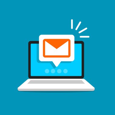 E-posta uyarısı laptop. Mesaj bilgisayar ekranında. Bildirim vektör kavramı. Düz stil vektör çizim.
