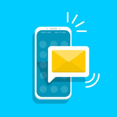 İleti simgesi 3d. Ekran smartphone mektubunda. Yeni e-posta bildirimi. SMS mesaj kavram düz stil. İzole vektör çizim.