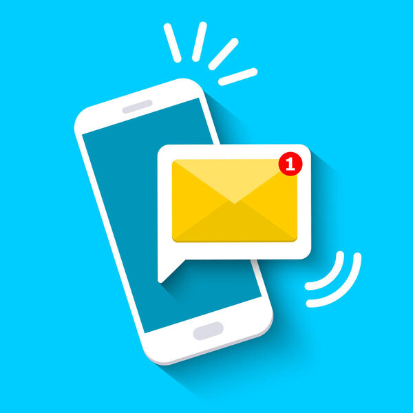 Message icon 3d. Reminder on screen smartphone. New email notification.Sms message concept in flat style. Isolated vector illustration.