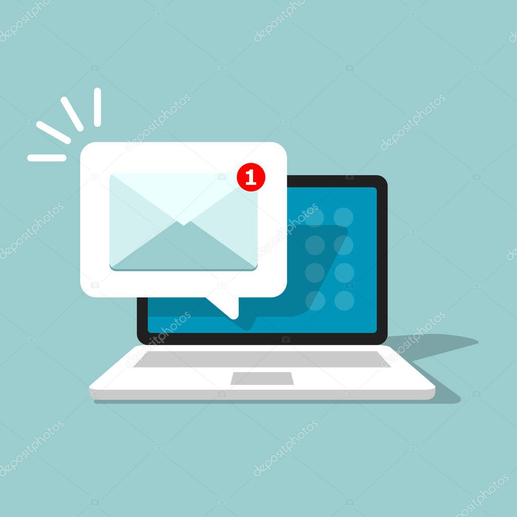 Email alert in laptop. Message on computer screen. Notification vector concept.Vector illustration in flat style.