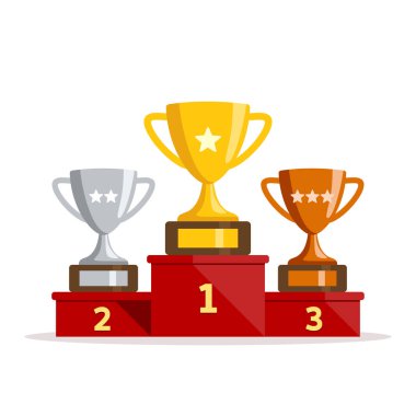 Su bardağı ile kazanan podyum. Ödüller için Champions.Gold, gümüş ve bronz bardaklar. Düz stil vektör çizim.