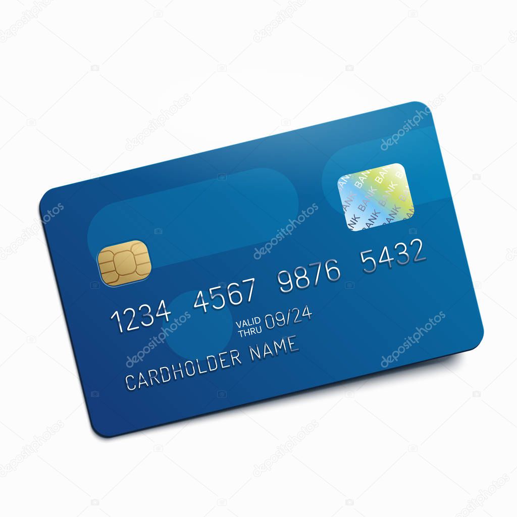 Blue credit debit card isolated on white background. Vector illustration.