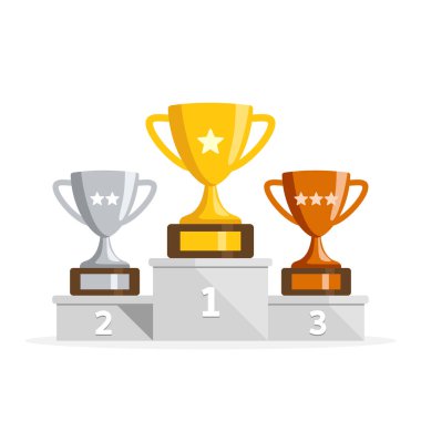 Su bardağı ile kazanan podyum. Ödüller için Champions.Gold, gümüş ve bronz bardaklar. Düz stil vektör çizim.