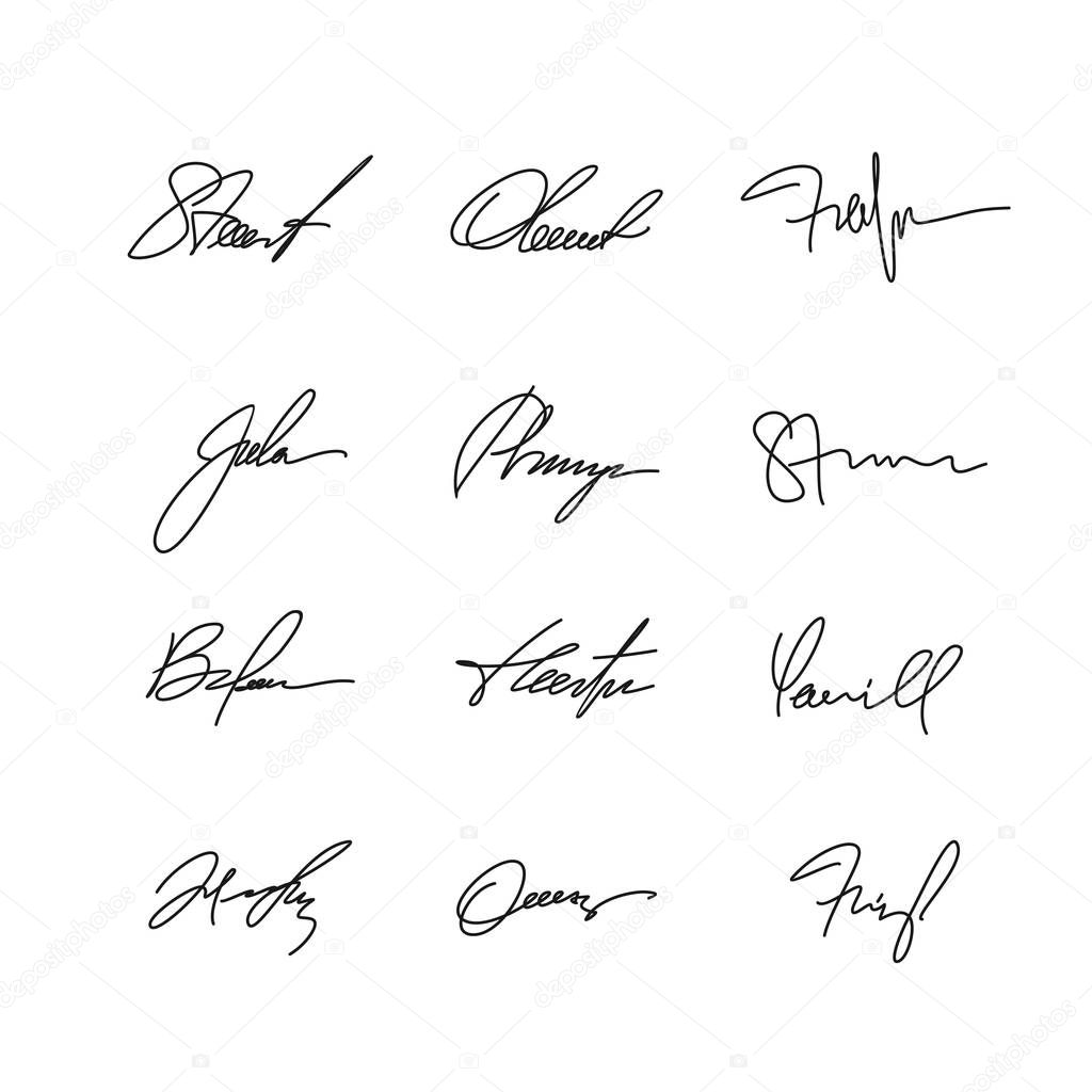 Collection of vector signatures. Samples handwritten autographs. Vector illustration for convection.