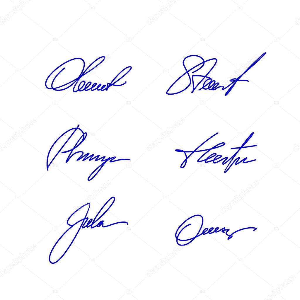 Collection of vector signatures. Samples handwritten autographs. Vector illustration for convection.