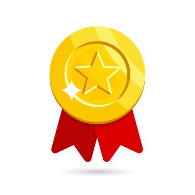 Beyaz arka plan üzerinde izole kırmızı kurdele ile altın madalya. Düz stil vektör çizim.