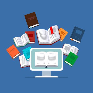 Masaüstü arka planda uçan kitaplarla. Modern online eğitim kavramı. Ana sayfa eğitim. Üniversite ev ödevi. Evde computer.Computer kursları süreci ve ebooks okuma ile eğitim. Kaynak Kitaplığı.