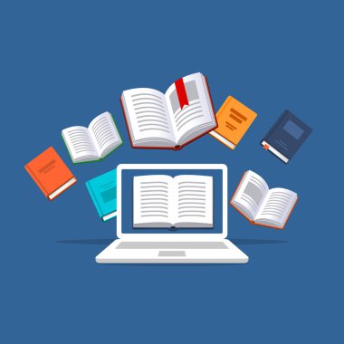 Arka planda uçan kitapları ile dizüstü bilgisayar. Modern online eğitim kavramı. Ana sayfa eğitim. Üniversite ev ödevi. Evde bilgisayar ile eğitim. Bilgisayar kursları süreci ve ebooks okuma. Kaynak Kitaplığı.