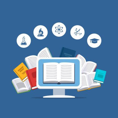 Masaüstü arka planda uçan kitaplarla. Modern online eğitim kavramı. Ana sayfa eğitim. Üniversite ev ödevi. Evde computer.Computer kursları süreci ve ebooks okuma ile eğitim. Kaynak Kitaplığı.
