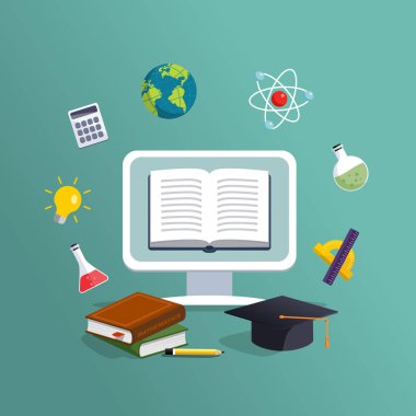 Masaüstü arka planda uçan kitaplarla. Modern online eğitim kavramı. Ana sayfa eğitim. Üniversite ev ödevi. Evde computer.Computer kursları süreci ve ebooks okuma ile eğitim. Kaynak Kitaplığı.