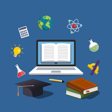 Modern online eğitim kavramı. Ana sayfa eğitim. Üniversite ev ödevi. Evde bilgisayar ile eğitim. Bilgisayar kursları süreci ve ebooks okuma. Kaynak Kitaplığı.