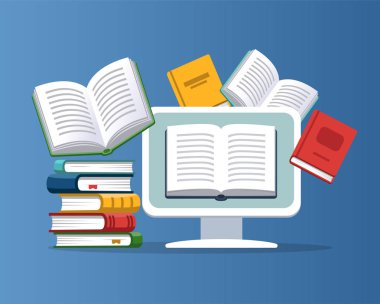 Masaüstü arka planda uçan kitaplarla. Modern online eğitim kavramı. Ana sayfa eğitim. Üniversite ev ödevi. Evde computer.Computer kursları süreci ve ebooks okuma ile eğitim. Kaynak Kitaplığı.