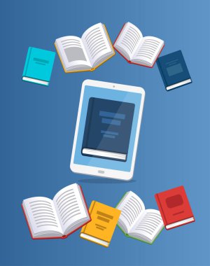 Modern ebook kavramı. Arka planda uçan kitaplarla tablet. Ana sayfa eğitim. Kaynakları kütüphane. E-kitap, Internet kursları ve mezuniyet süreci. Düz stil vektör çizim.