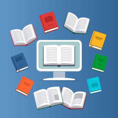 Masaüstü arka planda uçan kitaplarla. Modern online eğitim kavramı. Ana sayfa eğitim. Üniversite ev ödevi. Evde computer.Computer kursları süreci ve ebooks okuma ile eğitim. Kaynak Kitaplığı.