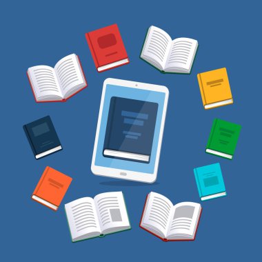 Modern ebook kavramı. Arka planda uçan kitaplarla tablet. Ana sayfa eğitim. Kaynakları kütüphane. E-kitap, Internet kursları ve mezuniyet süreci. Düz stil vektör çizim.