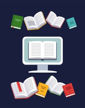 Masaüstü arka planda uçan kitaplarla. Modern online eğitim kavramı. Ana sayfa eğitim. Üniversite ev ödevi. Evde computer.Computer kursları süreci ve ebooks okuma ile eğitim. Kaynak Kitaplığı.