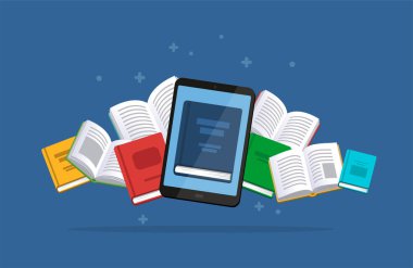 Modern ebook kavramı. Arka planda uçan kitaplarla tablet. Ana sayfa eğitim. Kaynakları kütüphane. E-kitap, Internet kursları ve mezuniyet süreci. Düz stil vektör çizim.