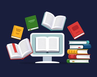 Masaüstü arka planda uçan kitaplarla. Modern online eğitim kavramı. Ana sayfa eğitim. Üniversite ev ödevi. Evde computer.Computer kursları süreci ve ebooks okuma ile eğitim. Kaynak Kitaplığı.
