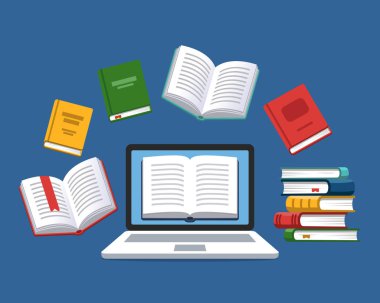 Arka planda uçan kitapları ile dizüstü bilgisayar. Modern online eğitim kavramı. Ana sayfa eğitim. Üniversite ev ödevi. Evde bilgisayar ile eğitim. Bilgisayar kursları süreci ve ebooks okuma. Kaynak Kitaplığı.