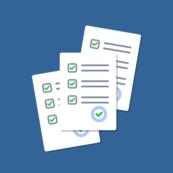 Paper checklist isolated. Stack of paperwork icon. Pile of documents. Exam form.Stack of white papers. Vector illustration in flat design.