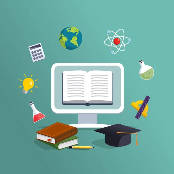 Desktop Mit Den Fliegenden Büchern Hintergrund Modernes Online Bildungskonzept Bildung — Stockvektor