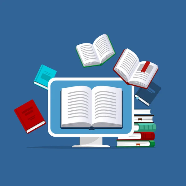Desktop Con Libri Volanti Sullo Sfondo Moderno Concetto Educazione Online — Vettoriale Stock