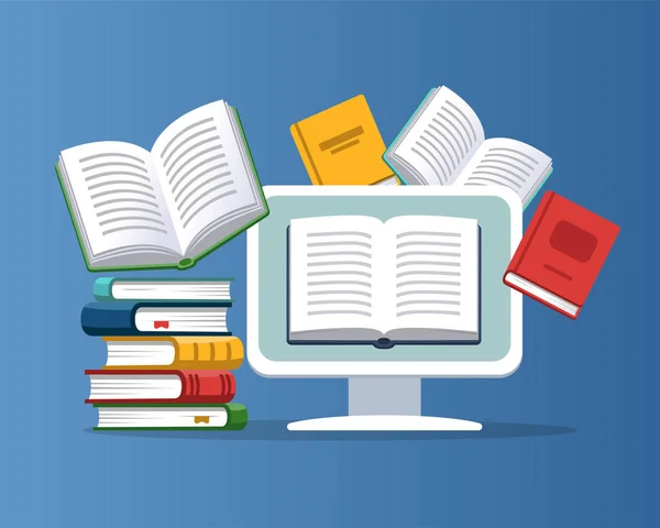 Desktop Con Libri Volanti Sullo Sfondo Moderno Concetto Educazione Online — Vettoriale Stock