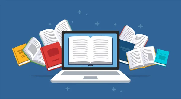 Ноутбук Летающими Книгами Фоне Современная Концепция Онлайн Образования Домашнее Образование — стоковый вектор