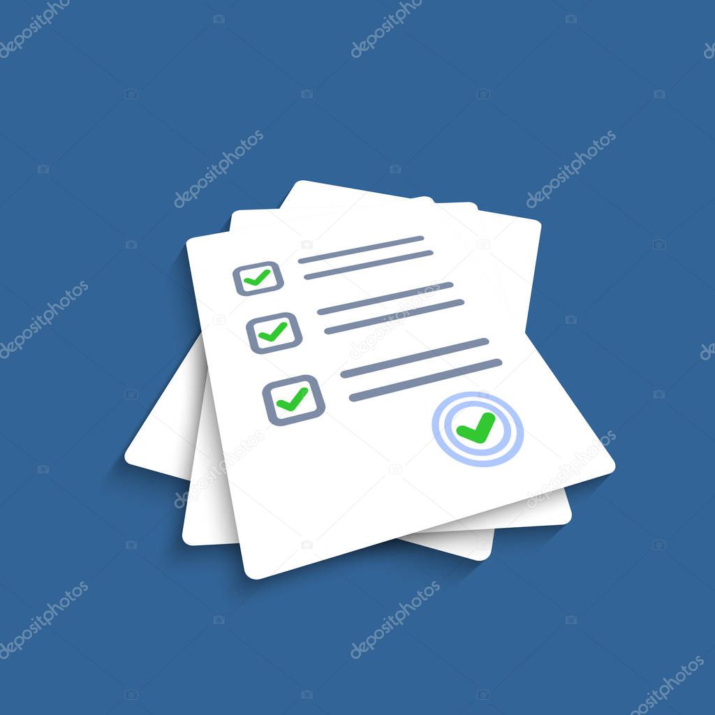 Paper checklist isolated. Stack of paperwork icon. Pile of documents. Exam form.Stack of white papers. Vector illustration in flat design.