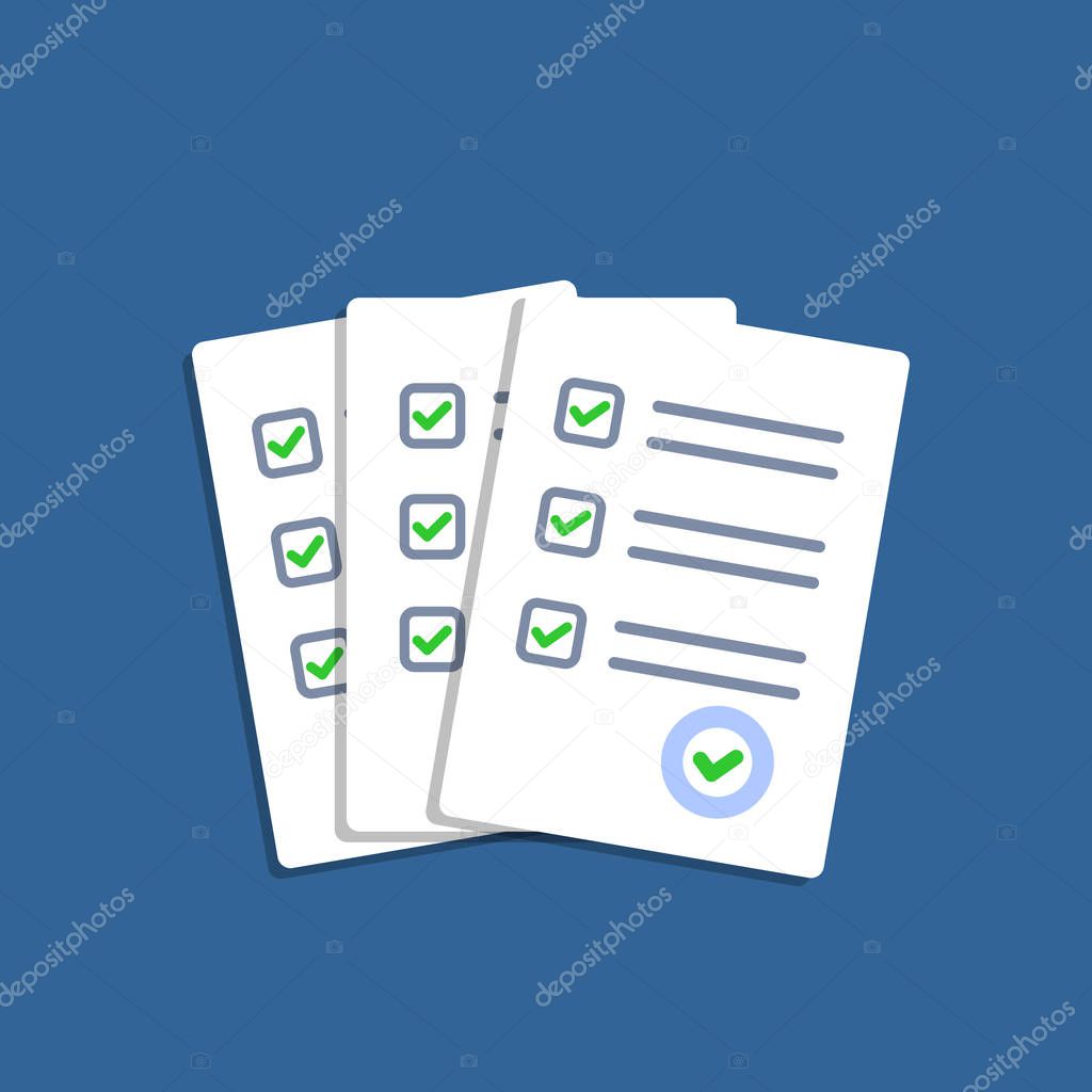 Paper checklist isolated. Stack of paperwork icon. Pile of documents. Exam form.Stack of white papers. Vector illustration in flat design.