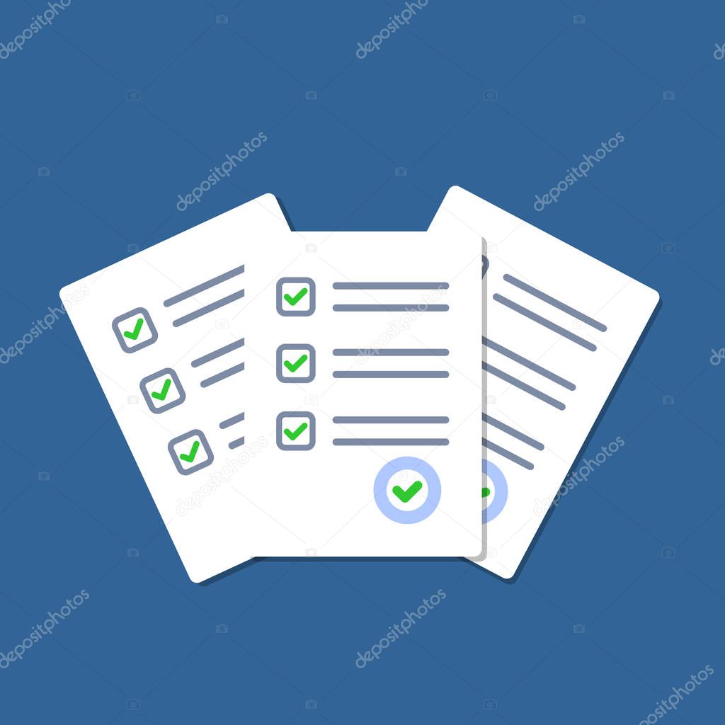 Paper checklist isolated. Stack of paperwork icon. Pile of documents. Exam form.Stack of white papers. Vector illustration in flat design.