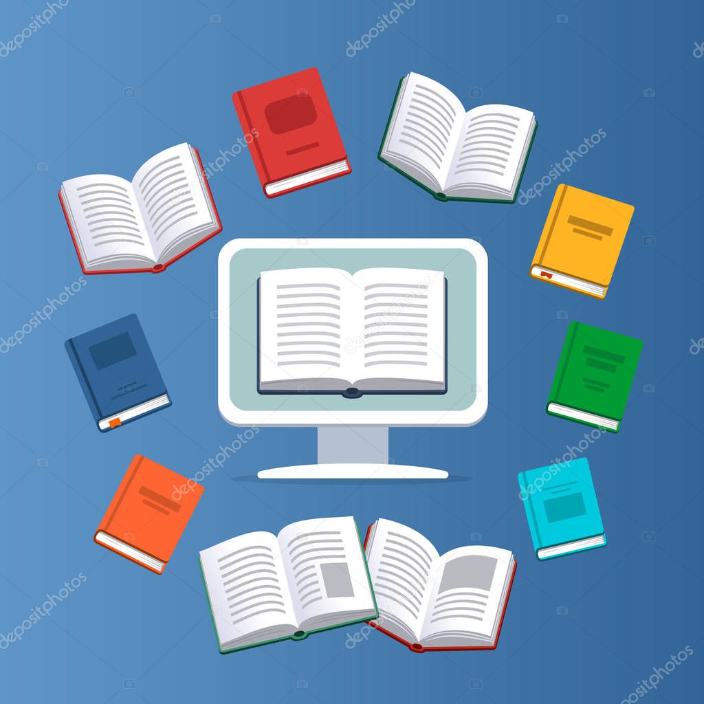 Desktop with the flying books on the background. Modern online education concept. Home education. College homework. Studying at home with computer.Computer courses process and ebooks reading. Resources library.