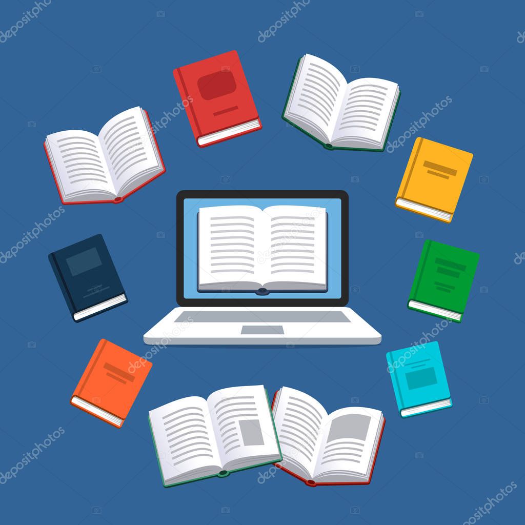 Laptop with the flying books on the background. Modern online education concept. Home education. College homework. Studying at home with computer. Computer courses process and ebooks reading. Resources library.