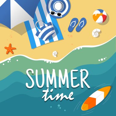 Yaz plaj havadan görünümüdür. Metin yaz saati ile arka plan tamplate. Tatil tropik sahilde. Deniz kum tatilde. Poster ve diğer promosyon malzemesi için kavram. Düz stil vektör çizim.