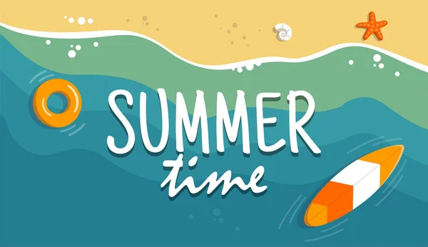 夏のビーチの眺め 背景テキスト夏時間の Tamplate 熱帯の海岸の休暇 海砂の上の休日 ポスターや他の宣伝用資料の概念 フラット スタイルのベクトル図 — ストックベクタ