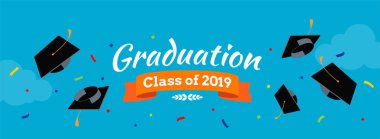 Black graduate caps and confetti on the sky background. Vector background for banners, invitation card and greeting. Graduation Party concept. clipart