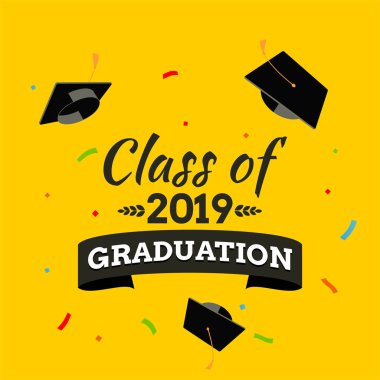 Siyah lisansüstü kapaklar ve konfeti. Vektör arka plan afiş, davetiye ve tebrik için. Mezuniyet partisi konsepti.