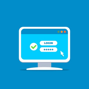 Yetkilendirme formu ekran bilgisayardan. Parola giriş. Kullanıcı adı formu. Kayıt formu. Düz stil vektör çizim.